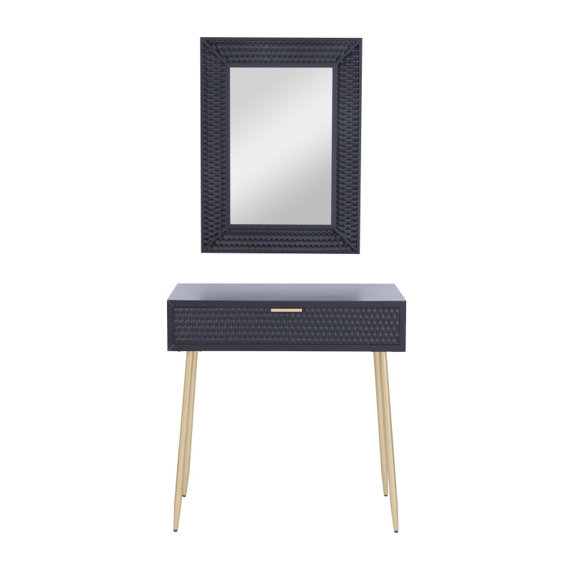 607002 Black Wood Contemporary Vanity with Stool Set of 2