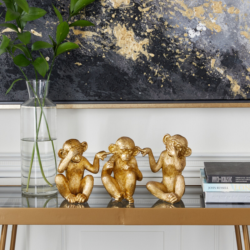 607037 Set of 3 Gold Polystone Contemporary Monkey Sculpture, 6", 6", 6.25"