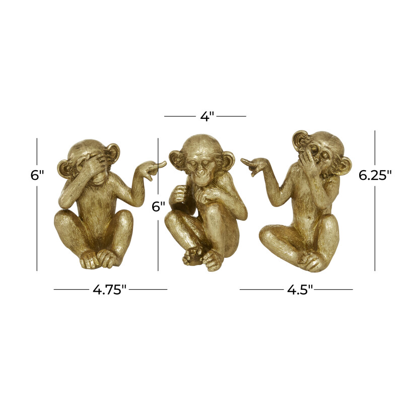 607037 Set Of 3 Gold Polystone Contemporary Monkey Sculpture 2
