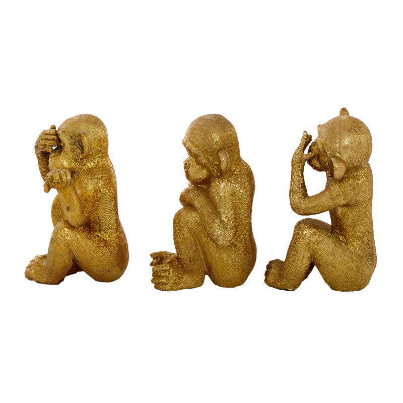 607037 Set Of 3 Gold Polystone Contemporary Monkey Sculpture 7