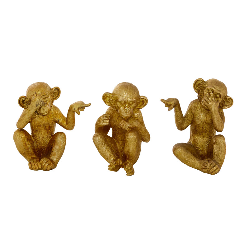 607037 Set Of 3 Gold Polystone Contemporary Monkey Sculpture 8