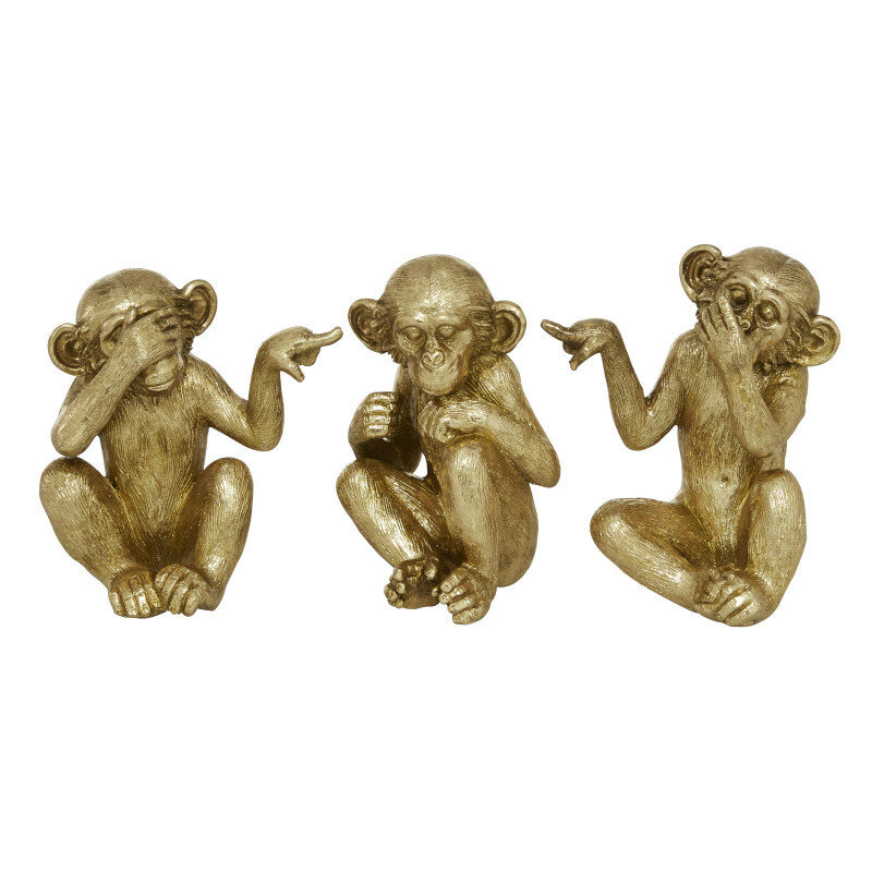 607037 Set of 3 Gold Polystone Contemporary Monkey Sculpture, 6", 6", 6.25"