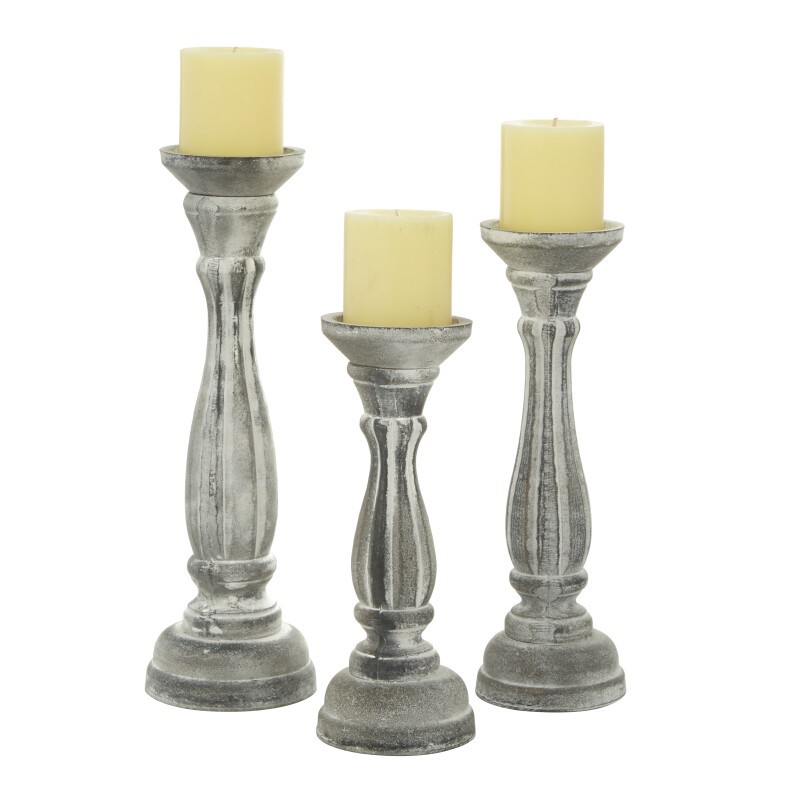 Set of 3 White Wood Traditional Candle Holder, 15", 13", 11"