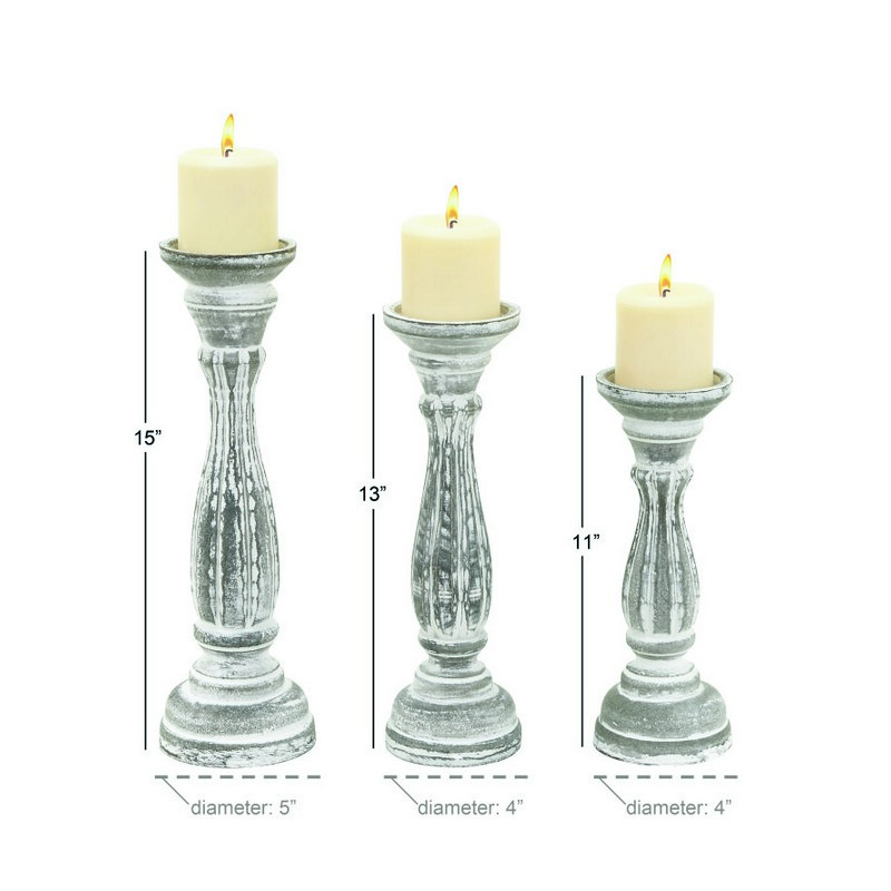 607057 White Grey Set Of 3 White Wood Traditional Candle Holder 3