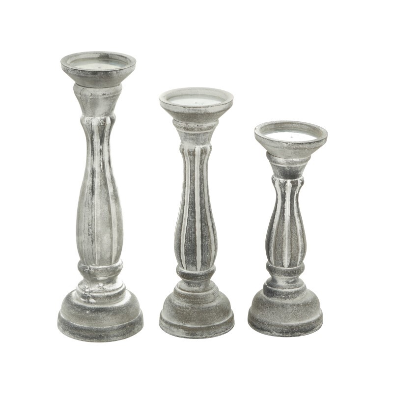607057 White Grey Set Of 3 White Wood Traditional Candle Holder 4