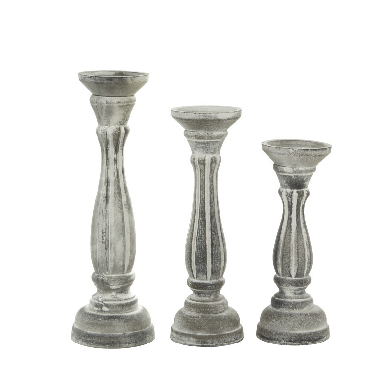 607057 White Grey Set Of 3 White Wood Traditional Candle Holder 8