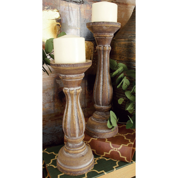 607058 Set Of 3 Brown Wood Traditional Candle Holder 1