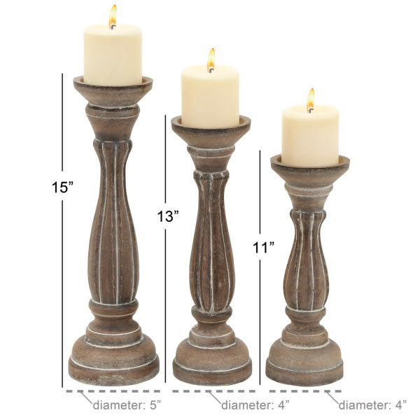 607058 Set Of 3 Brown Wood Traditional Candle Holder 2