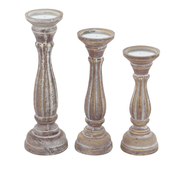 Set of 3 Brown Wood Traditional Candle Holder, 15", 13", 11"