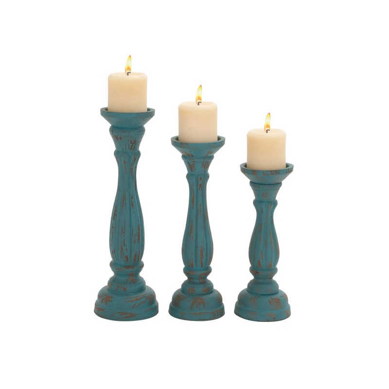 Set of 3 Blue Wood Traditional Candle Holder, 15", 13", 11"