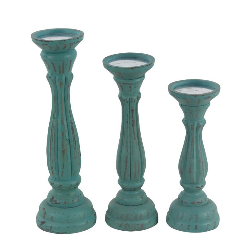 607059 Set Of 3 Blue Wood Traditional Candle Holder 1