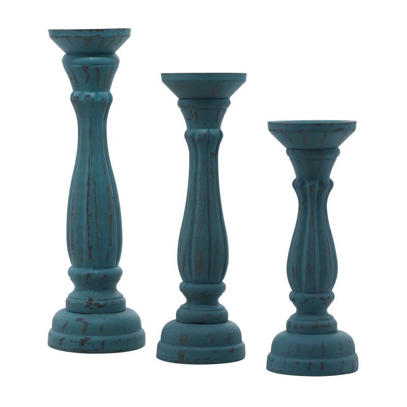 607059 Set Of 3 Blue Wood Traditional Candle Holder 2