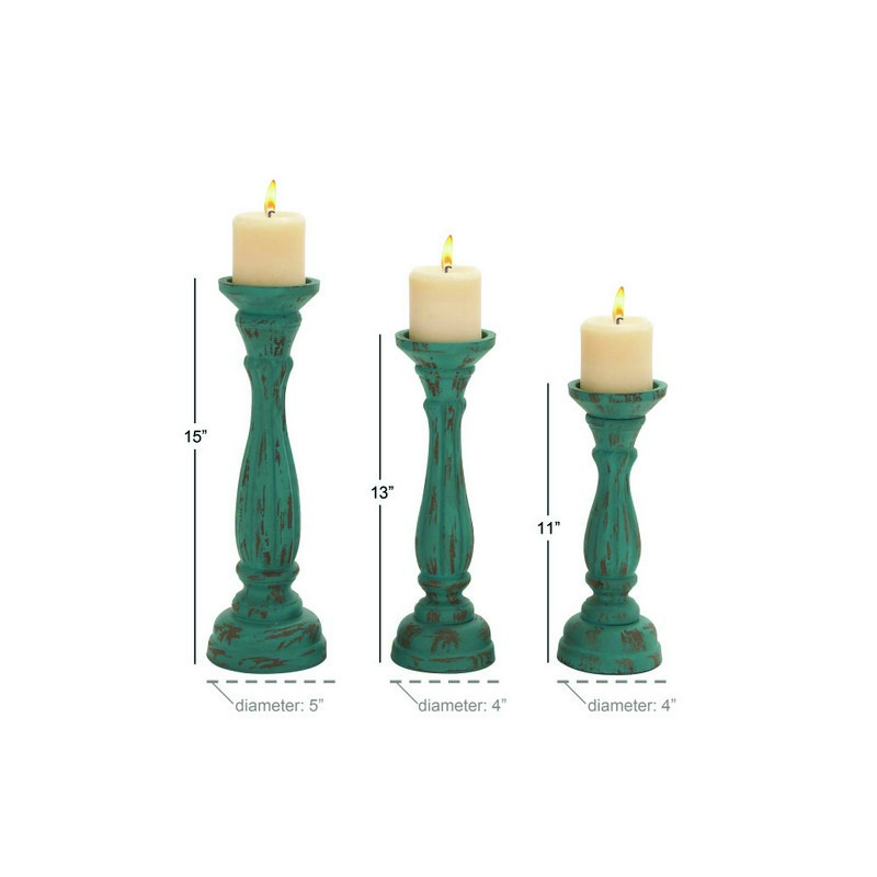 607059 Set Of 3 Blue Wood Traditional Candle Holder 6