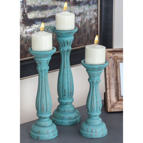 607059 Set Of 3 Blue Wood Traditional Candle Holder 7