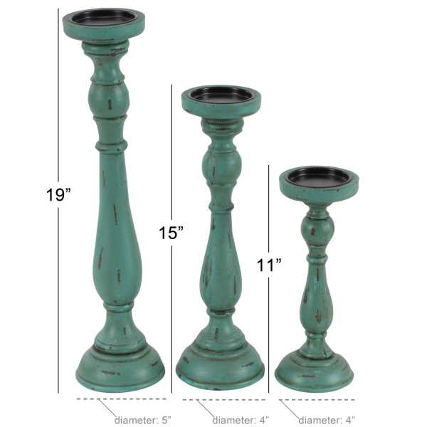 607061 Set Of 3 Teal Wood Traditional Candle Holder 1