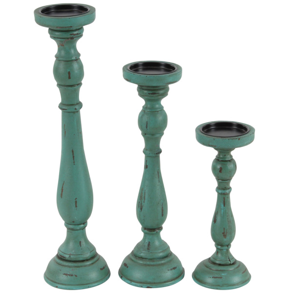 607061 Set Of 3 Teal Wood Traditional Candle Holder 7