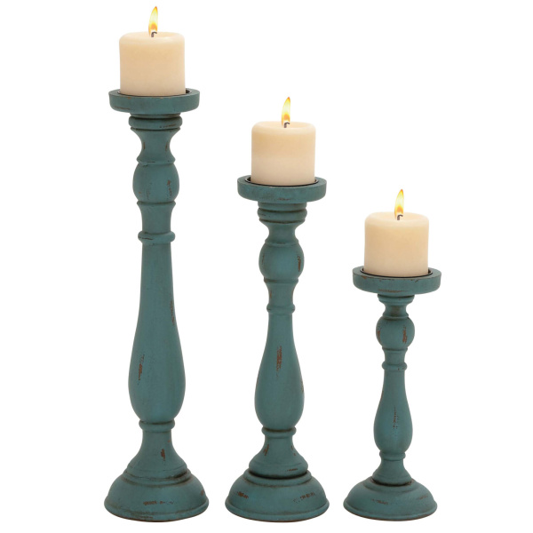 607061 Set of 3 Teal Wood Traditional Candle Holder, 19", 15", 11"