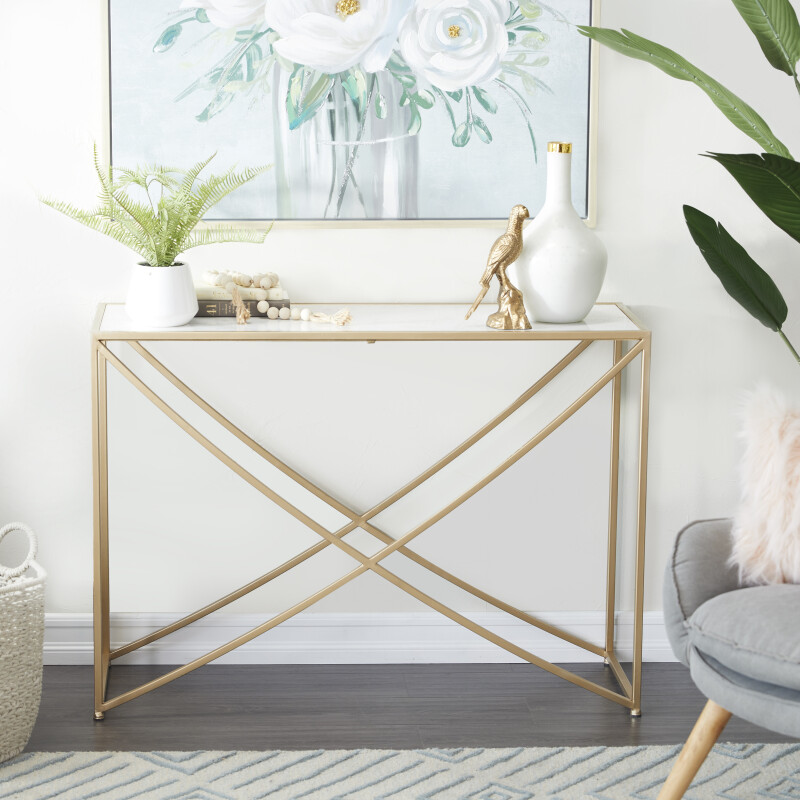 607091 Gold Metal Contemporary Console Table, 30" x 42" x 15"