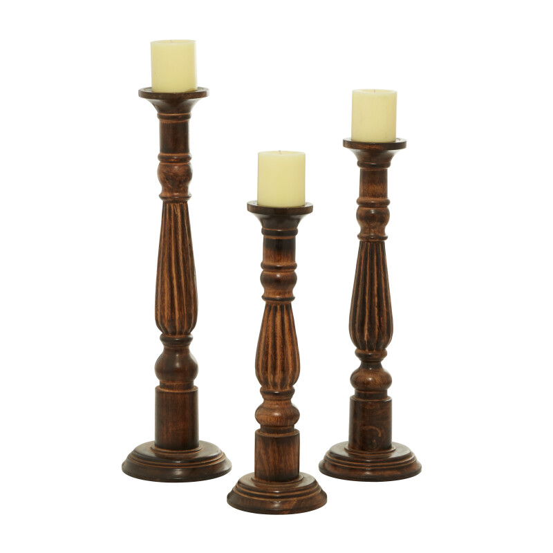 600054 Set of 3 Brown Wood Traditional Candle Holder, 24", 21", 18"