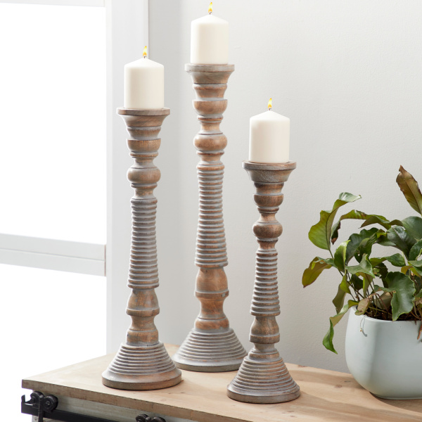 600065 Set of 3 Light Grey Wood Traditional Candle Holder, 23", 21", 18"