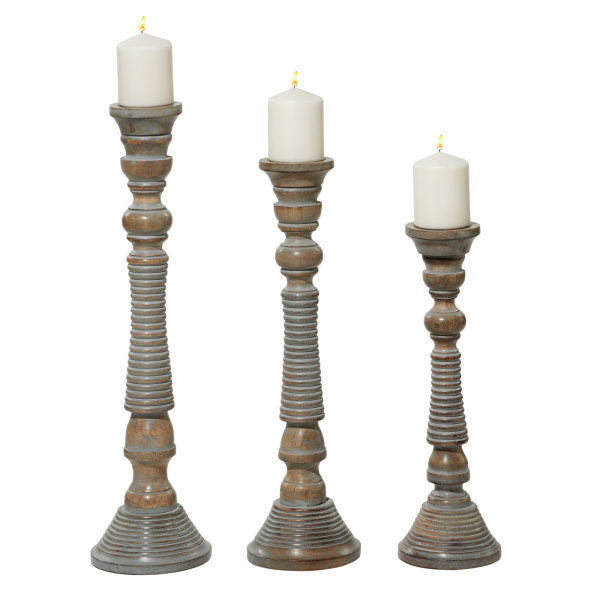 600065 Set of 3 Light Grey Wood Traditional Candle Holder, 23", 21", 18"