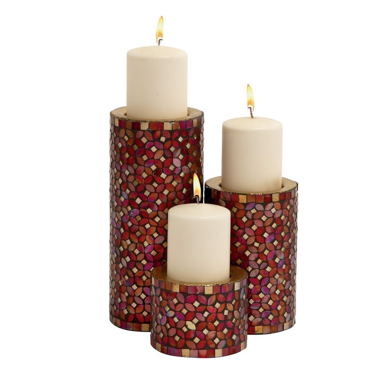 600511 Set of 3 Red Metal Glam Candle Holder, 11", 7", 4"