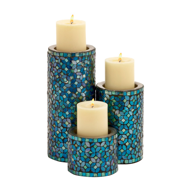 600513 Set of 3 Turquoise Metal Glam Candle Holder, 10", 7", 4"