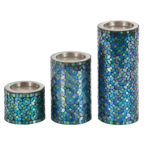 Set of 3 Turquoise Metal Glam Candle Holder, 10", 7", 4"