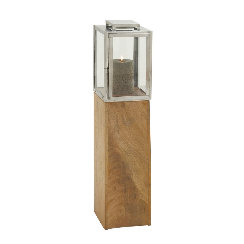 600528 Brown Wood Contemporary Candle Holder Lantern, 36" x 9" x 9"