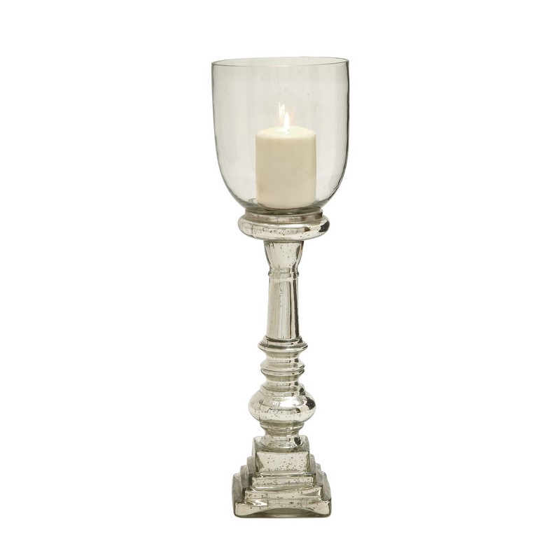 600558 Silver Glass Traditional Candle Holder, 22" x 7" x 7"