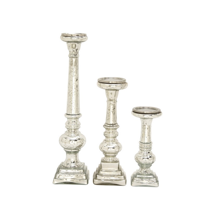 600568 Set of 3 Silver Glass Traditional Candle Holder, 11", 15", 21"