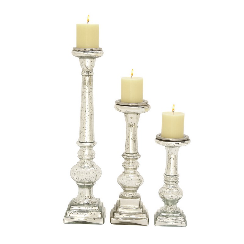 600568 Set of 3 Silver Glass Traditional Candle Holder, 11", 15", 21"