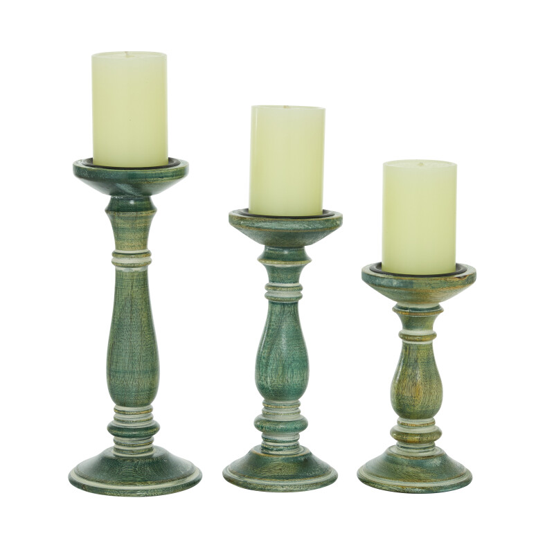 600609 Set of 3 Green Wood Farmhouse Candle Holder, 8", 10", 12"