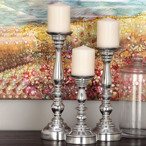 601005 Set of 3 Silver Aluminum Traditional Candle Holder, 14", 12", 10"