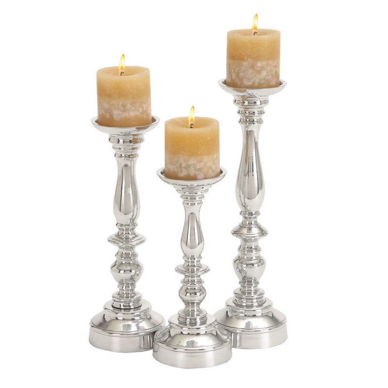 601005 Set of 3 Silver Aluminum Traditional Candle Holder, 14", 12", 10"