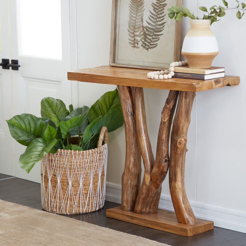 601485 Brown Teak Wood Contemporary Console Table, 35" x 32"