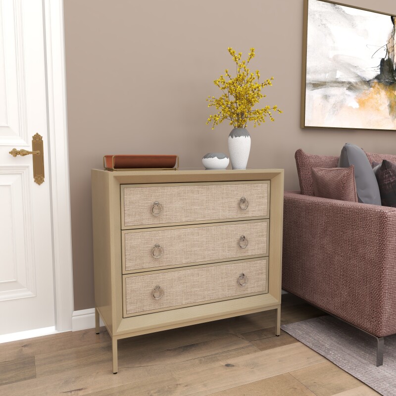 UMA 601696 Beige Linen and Wood Glam Chest 2