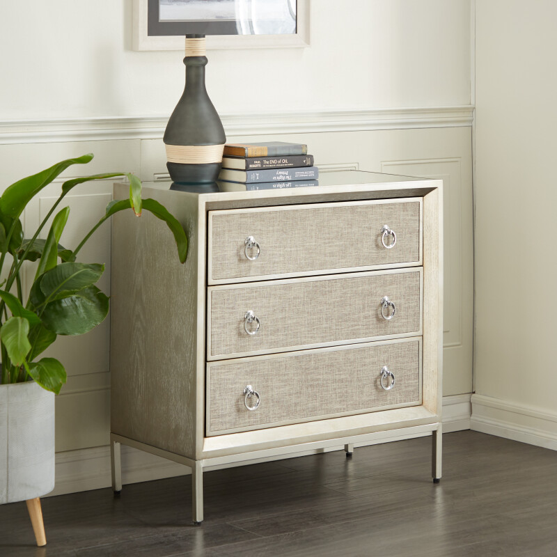 601696 Beige Linen and Wood Glam Chest, 32" x 32" x 16"