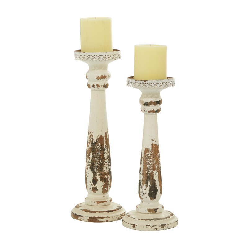 602143 Set of 2 Brown Wood Traditional Candle Holder, 13", 15"