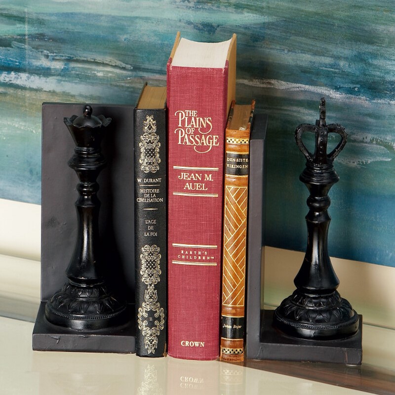 602225 Set of 2 Black Resin Traditional Chess Bookends, 5" x 8"