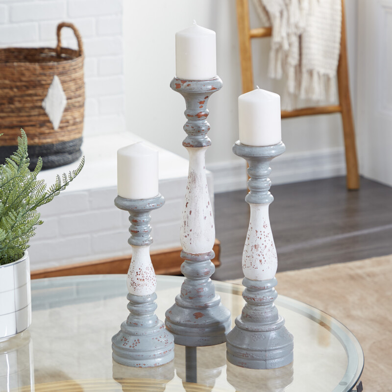 602283 White and Grey Wood Farmhouse Candlestick Holders, 20" x 5" x 5"