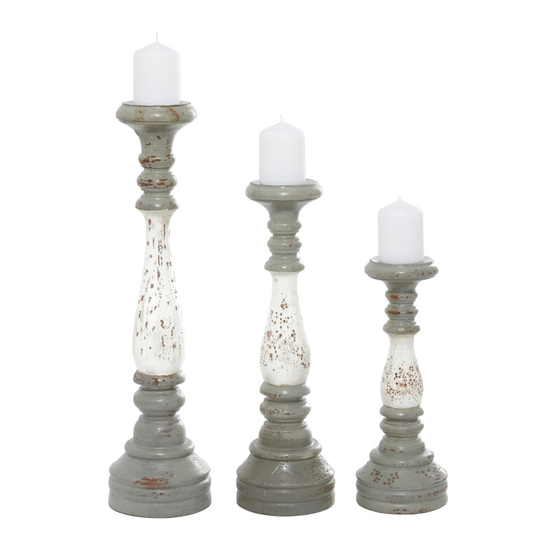 602283 White and Grey Wood Farmhouse Candlestick Holders, 20" x 5" x 5"