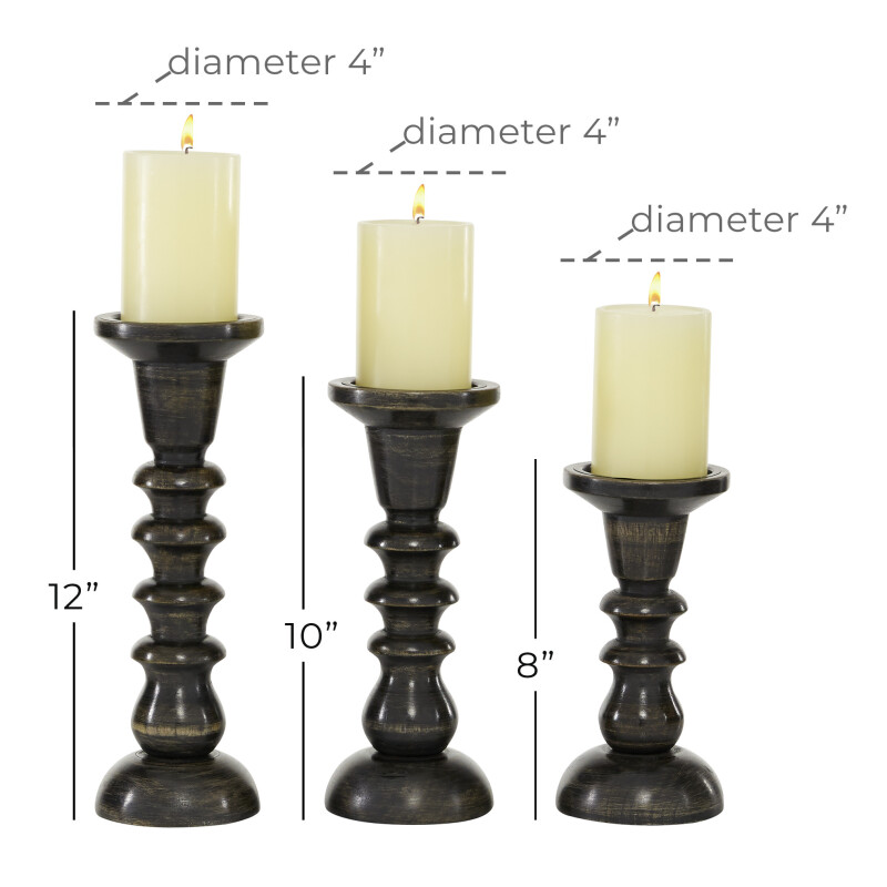 UMA 602754 Set of 3 Dark Brown Wood Traditional Candle Holder 2