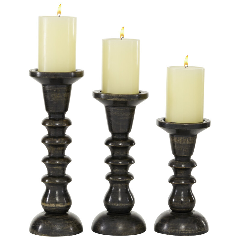 602754 Set of 3 Dark Brown Wood Traditional Candle Holder, 8", 10", 12"