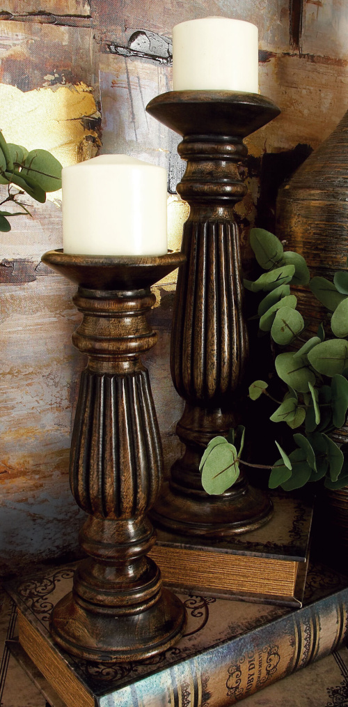 UMA 602760 Set of 3 Brown Wood Traditional Candle Holder 2