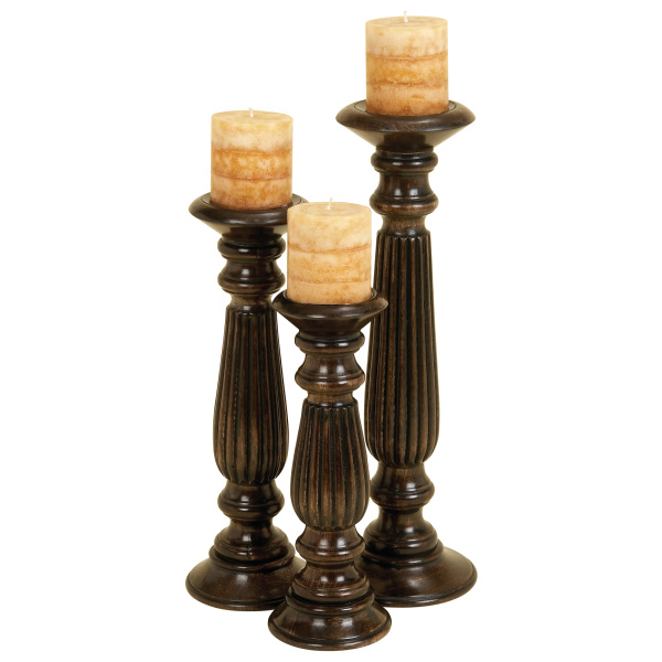 602760 Set of 3 Brown Wood Traditional Candle Holder, 18", 15", 12"