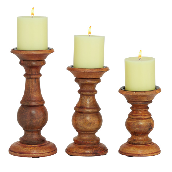 Set of 3 Brown Wood Traditional Candle Holder, 10", 8", 6"