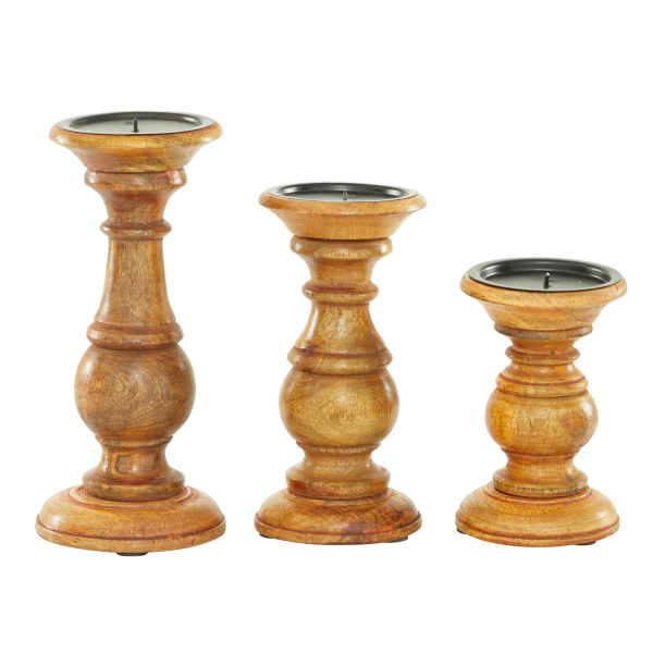 Uma 602770 Set Of 3 Brown Wood Traditional Candle Holder 6