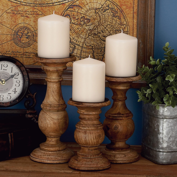 602770 Set of 3 Brown Wood Traditional Candle Holder, 10", 8", 6"