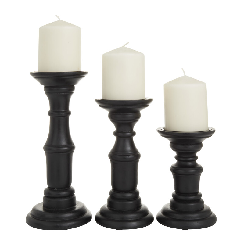 603041 Set of 3 Black Wood Traditional Candle Holders, 10" x 4" x 4"